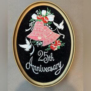 Vintage Embroidered 25th Anniversary Bell Wall Plaque - Pink & Red